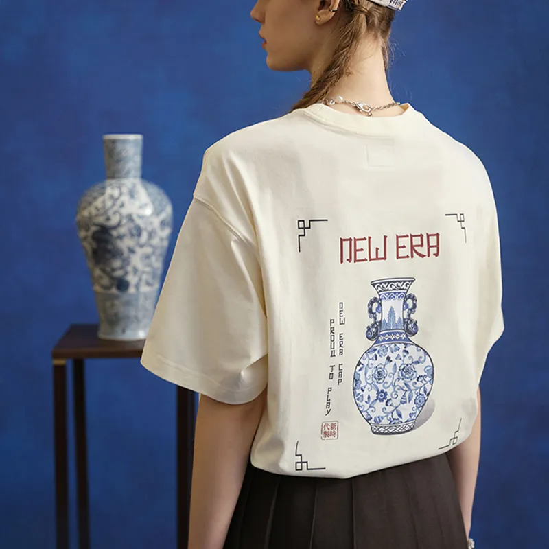 New Era Blue And White Porcelain Series T Shirts Unisex White-2