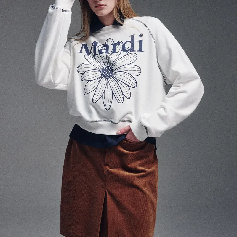 MARDI MERCREDI FW24 SWEATSHIRT RAGLAN FLOWERMARDI_WHITE NAVY Sweatshirt Korean Style Women's Marine Blue-3