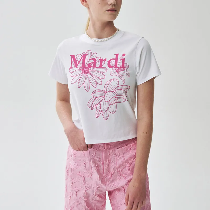 MARDI MERCREDI Three Flowers Collection SS25 T Shirt Women's White/Pink Korean Style-3