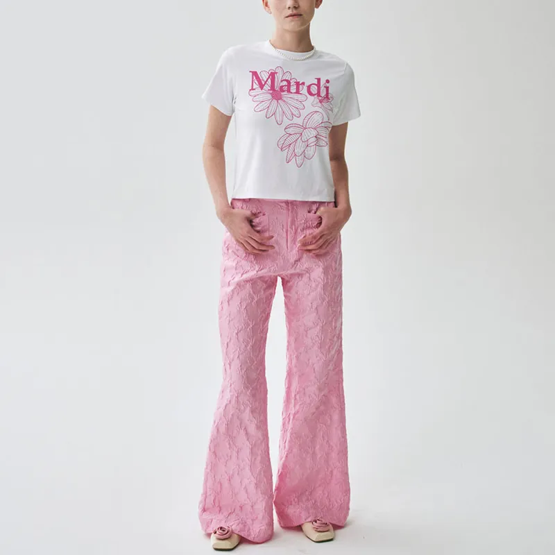 MARDI MERCREDI Three Flowers Collection SS25 T Shirt Women's White/Pink Korean Style-2