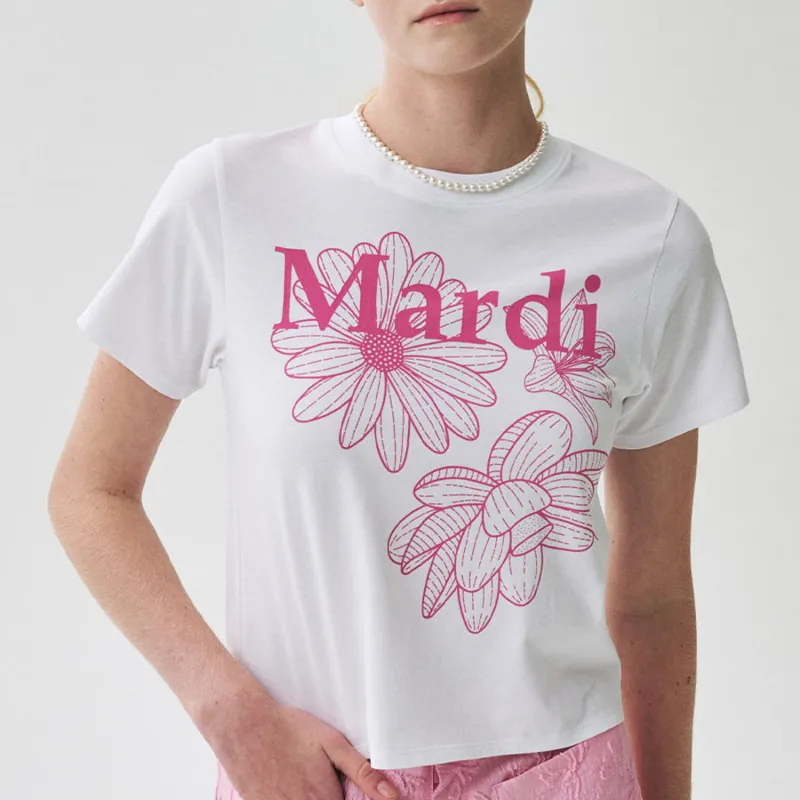 MARDI MERCREDI Three Flowers Collection SS25 T Shirt Women's White/Pink Korean Style-1