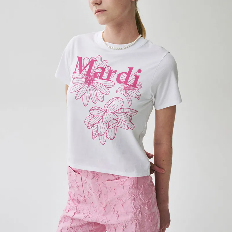 MARDI MERCREDI Three Flowers Collection SS25 T Shirt Women's White/Pink Korean Style-6