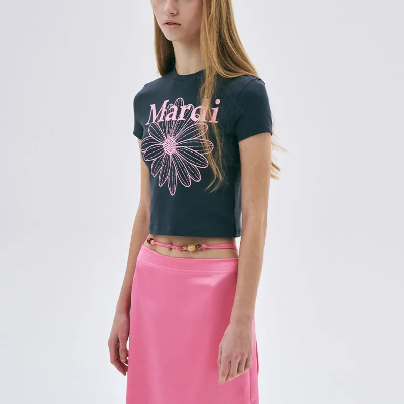 MARDI MERCREDI SS25 CROPPED TSHIRT FLOWERMARDI_CHARCOAL PINK Crop Top Korean Style Women's Black/Pink-5