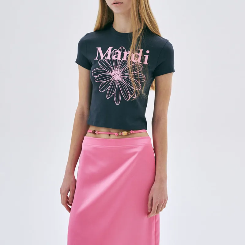 MARDI MERCREDI SS25 CROPPED TSHIRT FLOWERMARDI_CHARCOAL PINK Crop Top Korean Style Women's Black/Pink-1