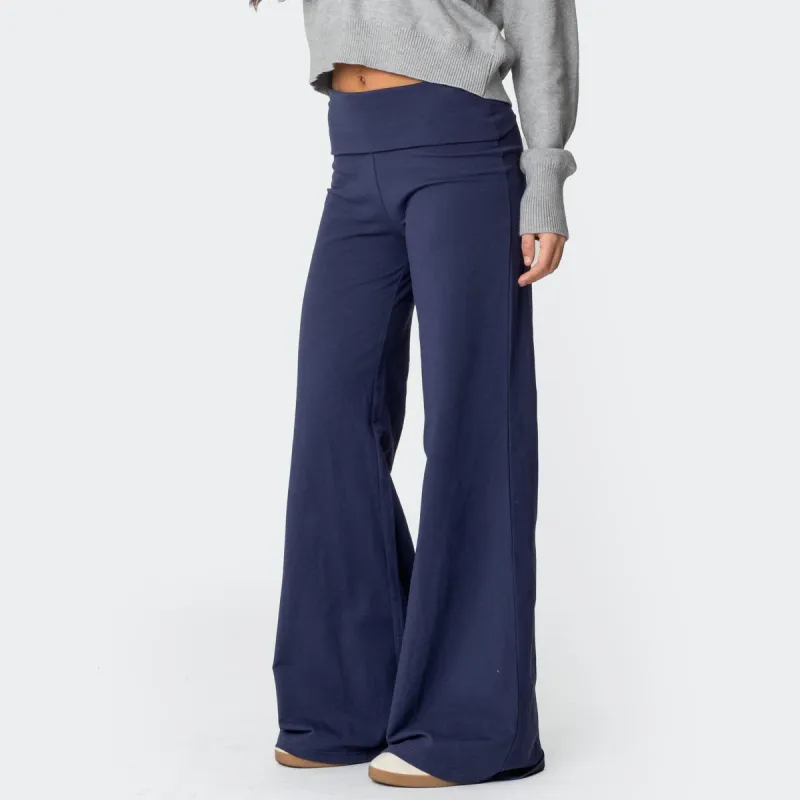 Edikted Wide Leg Fold Over Pants Casual Pants Women's Dark Blue-1