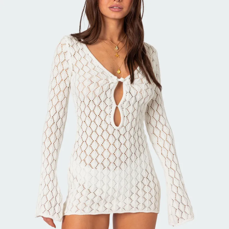 Edikted Brie Cut Out Crochet Mini Dress Long Sleeved Dress Women's-2