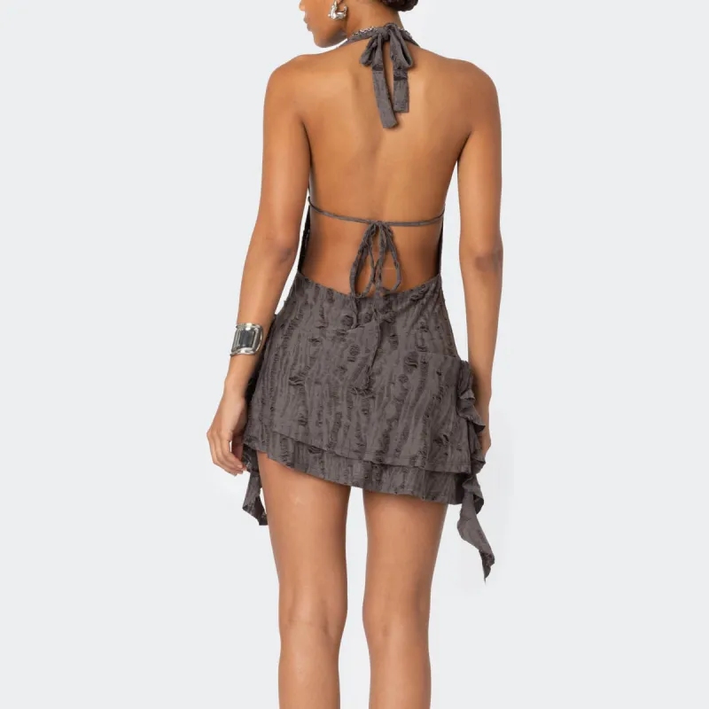 Edikted Shredded Backless Halter Mini Dress Sleeveless Dress Women's-1