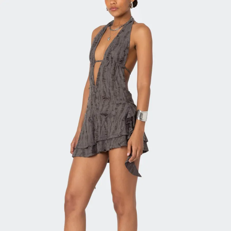 Edikted Shredded Backless Halter Mini Dress Sleeveless Dress Women's-3
