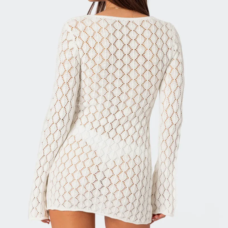 Edikted Brie Cut Out Crochet Mini Dress Long Sleeved Dress Women's-3