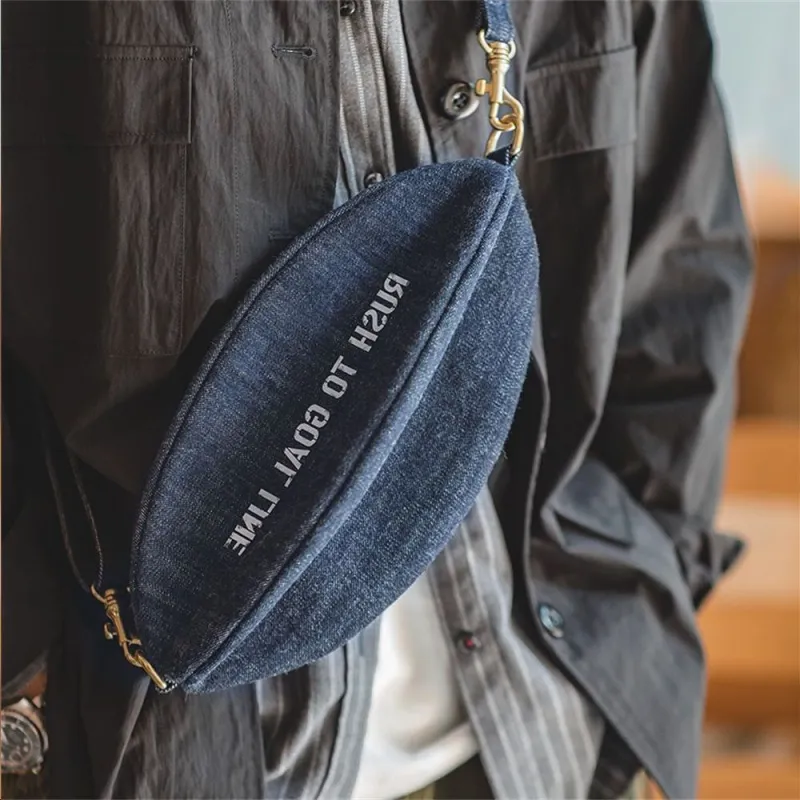 MADEN Cotton Rugby Bag, Shoulder Bag, Crossbody Bag Medium Size Unisex Denim Blue-4