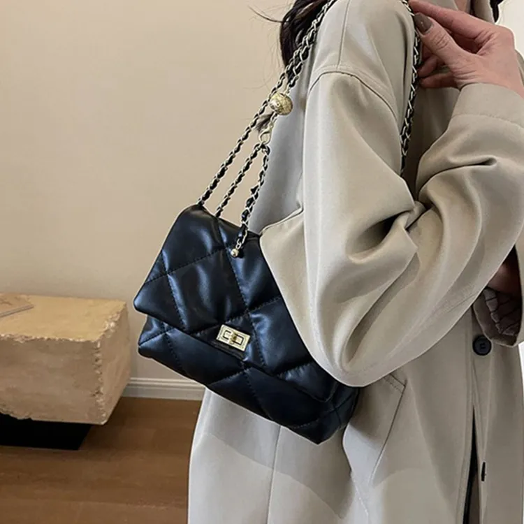 Dusen Kangaroo PU Stylish Versatile Chain Solid Color Crossbody Bag Regular Women's Black-3