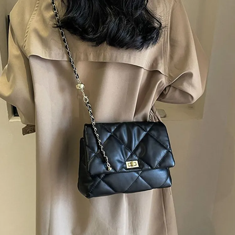 Dusen Kangaroo PU Stylish Versatile Chain Solid Color Crossbody Bag Regular Women's Black-4