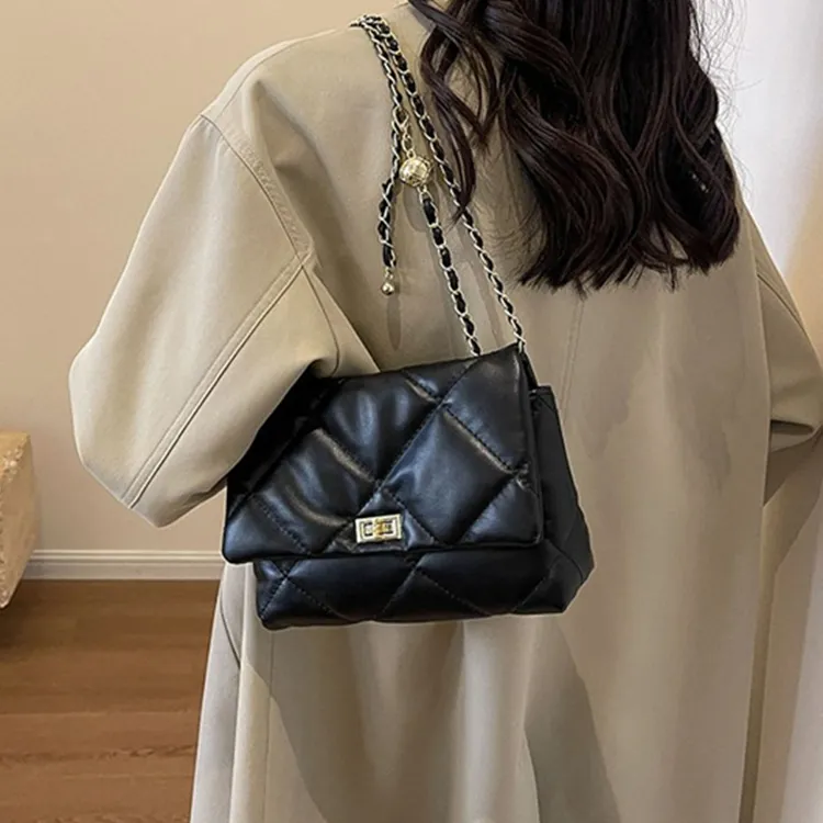Dusen Kangaroo PU Stylish Versatile Chain Solid Color Crossbody Bag Regular Women's Black-1