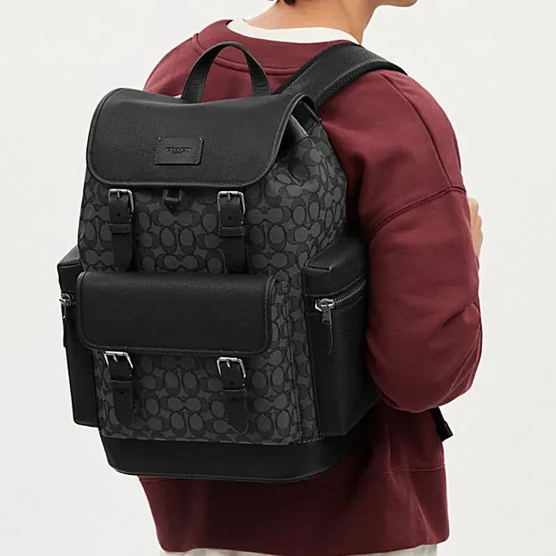 COACH Sprint Cow Leather Patchwork With Fabric Backpack Large Size Men's Charcoal Gray & Black-7