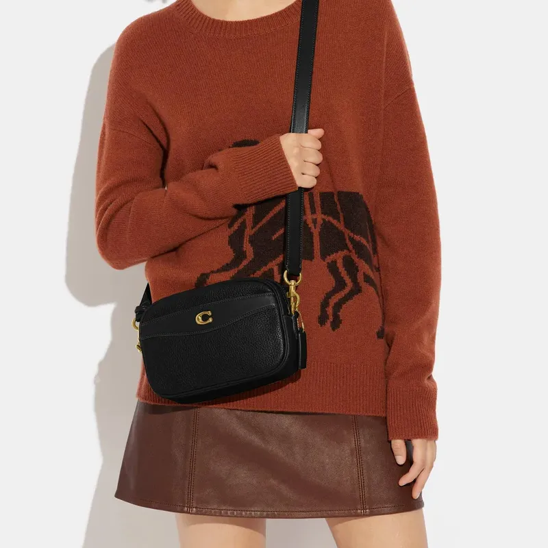 COACH Camera Leather With Suede Camera Bag, Shoulder Bag, Crossbody Bag Medium Size Women's Black-3