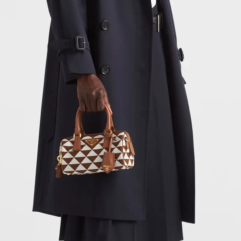 PRADA Saffiano Embroidered Fabric Shoulder Bag Crossbody Bag Handbag Women's Tobacco/Pink Mist White-3