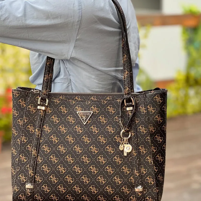 GUESS Polyurethane Tote Bag Shopping Bag Handbag Regular Women's Light Brown With Dark Brown Accents-2