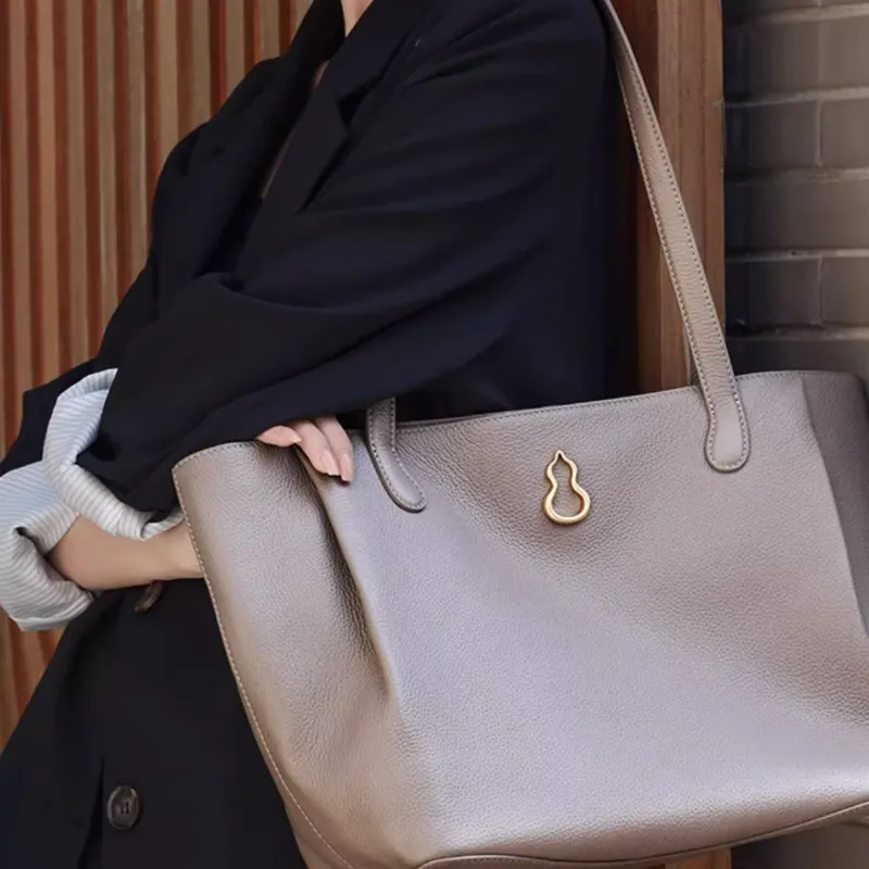 BAMPO Top Grain Cow Leather Tote Bag Shopping Bag Handbag Shoulder Bag Large Size Women's Trench Coat Gray-3