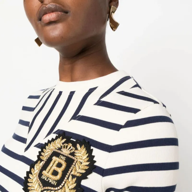 BALMAIN Logo patch Ribbed knit Striped T shirt-2