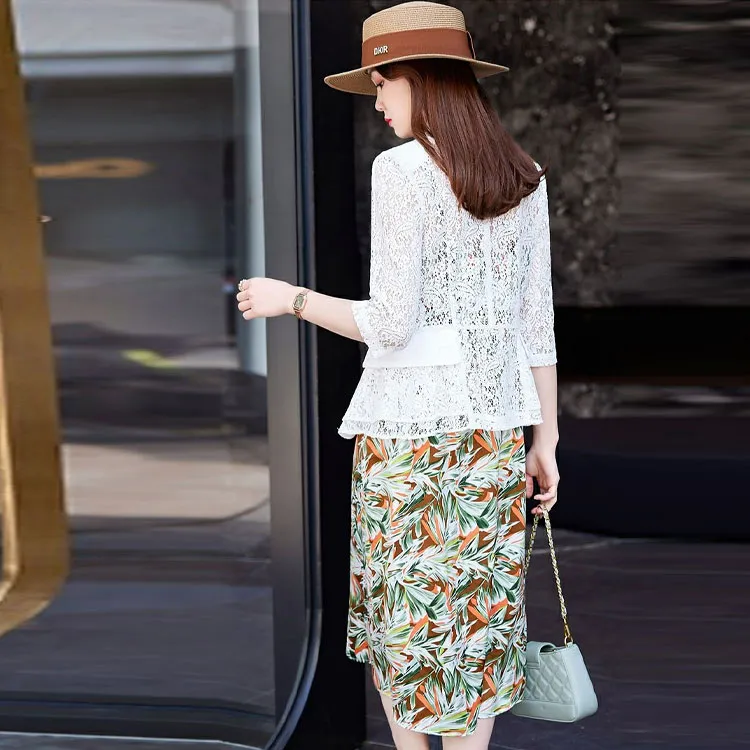 DonnaZilan Two Piece Skirt Sets Women's White+Neroli-2