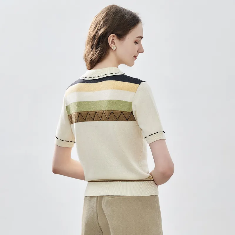 NAWAIN Knitwear Women's Apricot Green Yellow Stripe-2