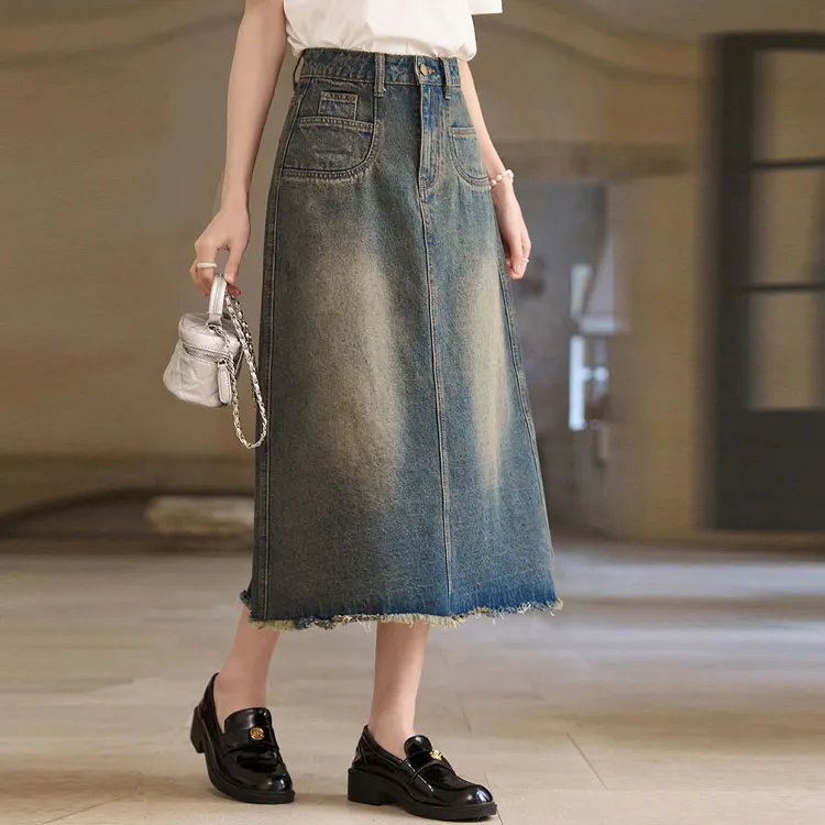 MISHOW Denim Long Skirt Women's Vintage Blue-3
