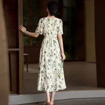 XWI SS24 Short Sleeved Dress Women's Beige With Green Print