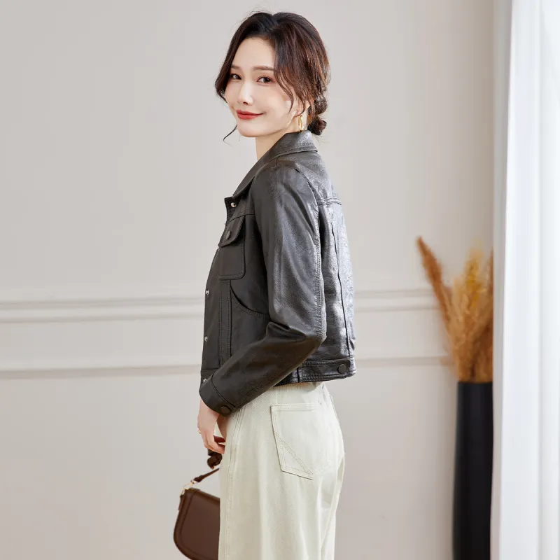 TERRE BLEUE Leather Jacket Women's Black Gray Color-2
