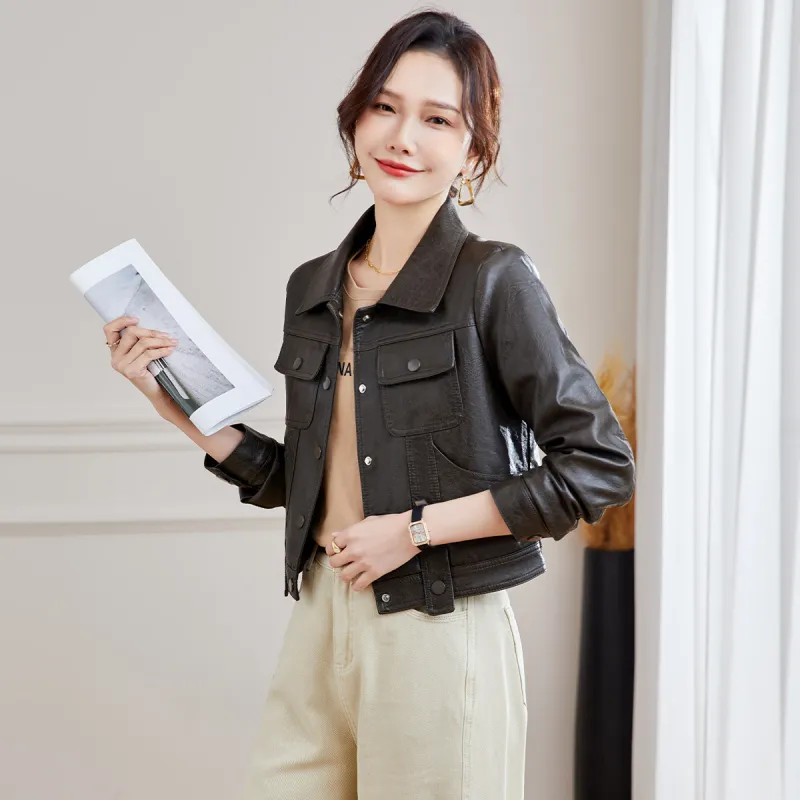 TERRE BLEUE Leather Jacket Women's Black Gray Color-3