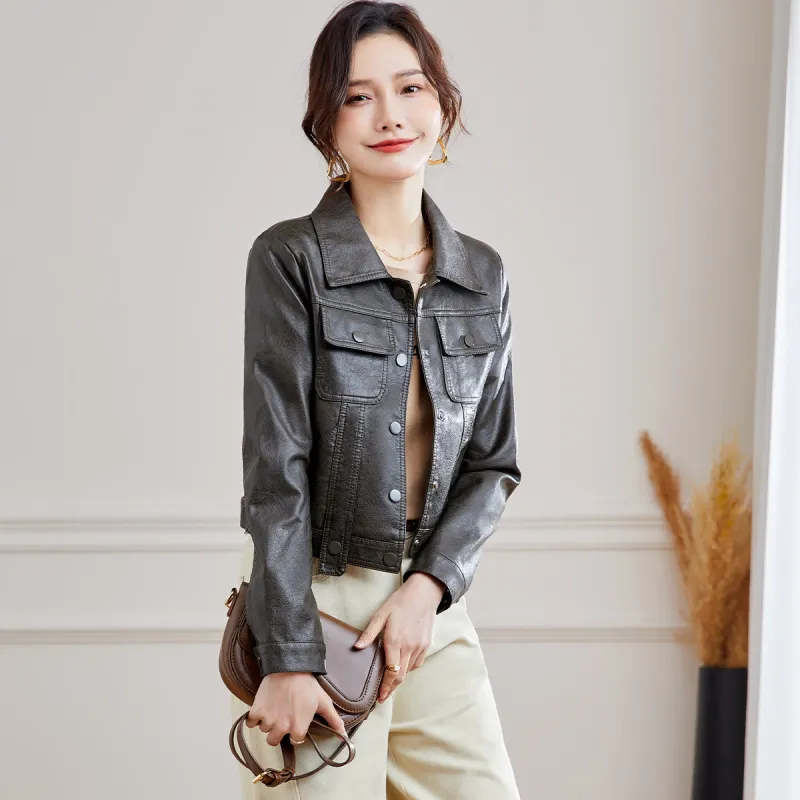 TERRE BLEUE Leather Jacket Women's Black Gray Color-1