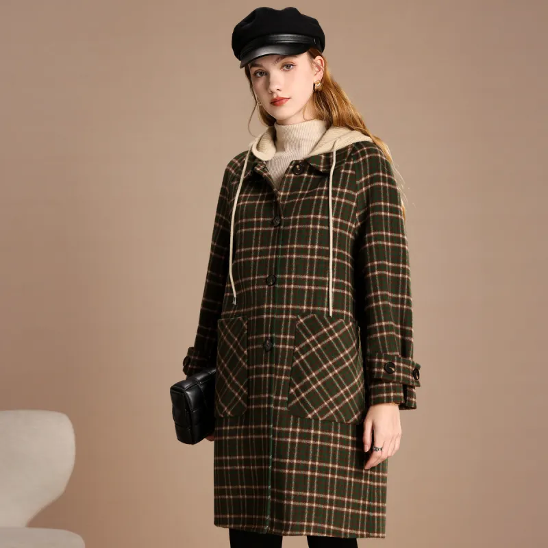 FENHONGMALI Coat Women's Brown And Green Plaid-1