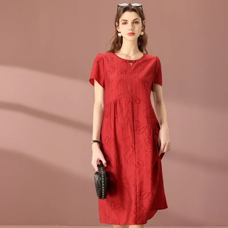 FENHONGMALI Short Sleeved Dresses Women's Red-1