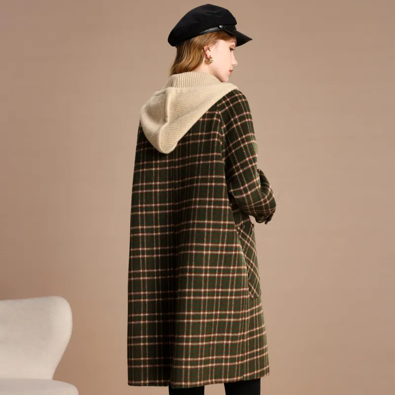 FENHONGMALI Coat Women's Brown And Green Plaid-2