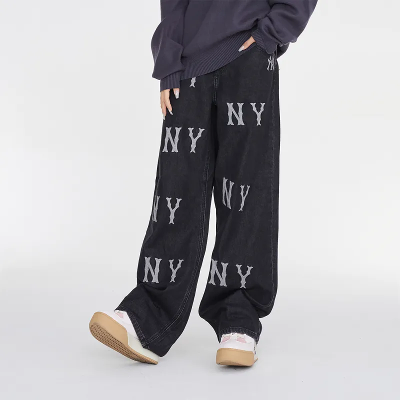 MLB Wide Leg Jeans Pants Women's Black-3