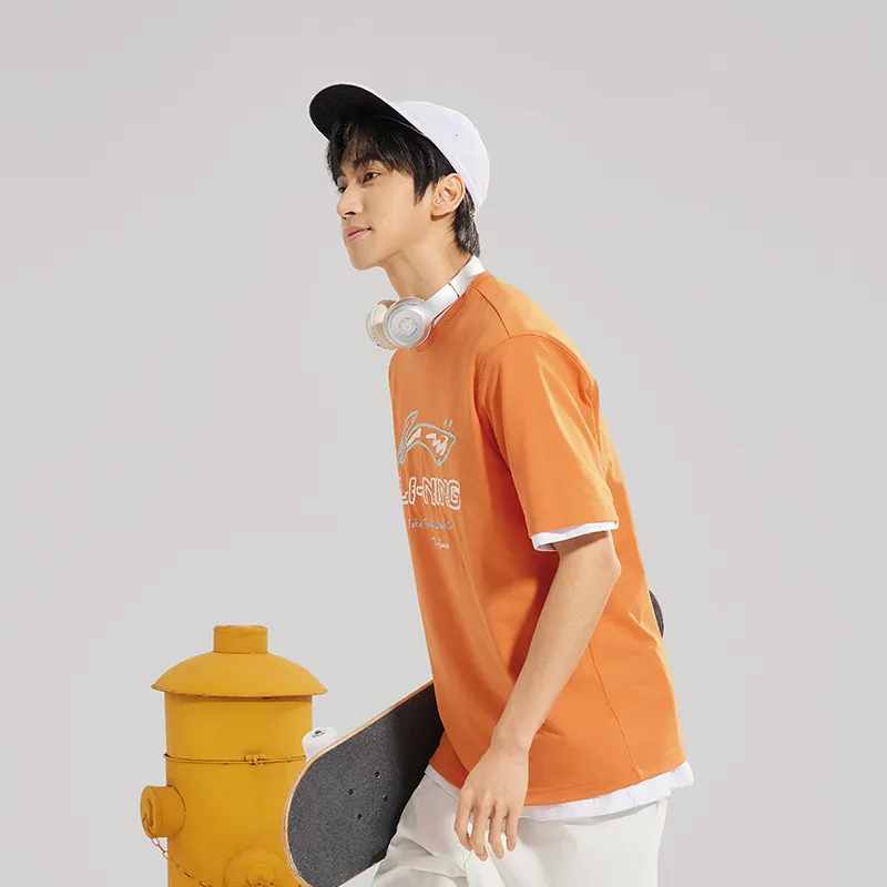 LiNing Drop Shoulder Sleeve T Shirt Men's Hot Orange-3