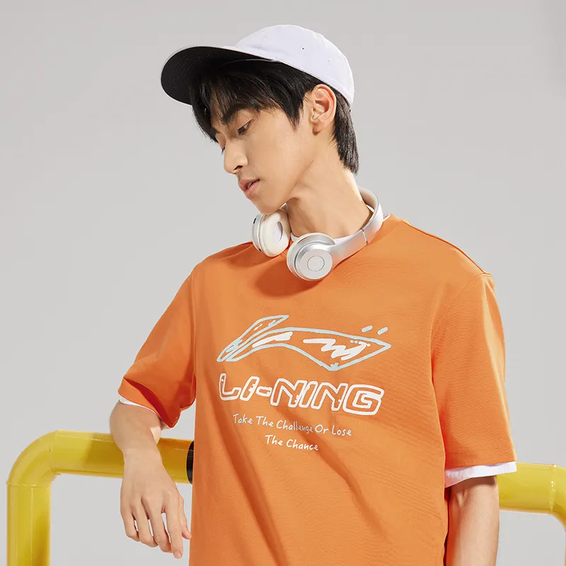LiNing Drop Shoulder Sleeve T Shirt Men's Hot Orange-2