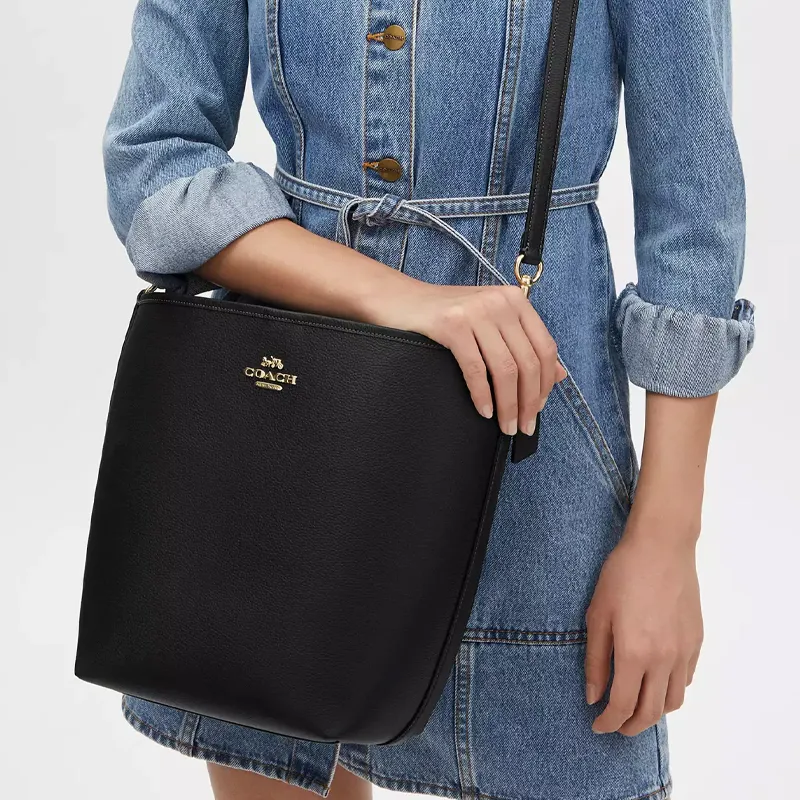 COACH City Leather One Shoulder Crossbody Bucket Bag, Handbag Tubas Women's Black-3