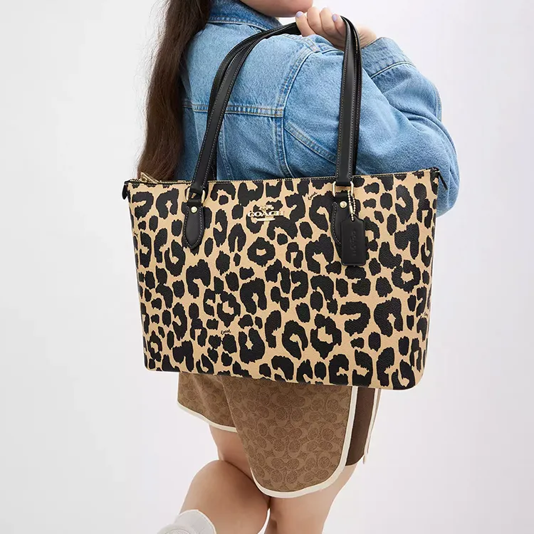 COACH Gallery Coated Canvas Tote Bag Shopping Bag Shoulder Bag Handbag Large Size Women's Leopard Print Multicolor-3