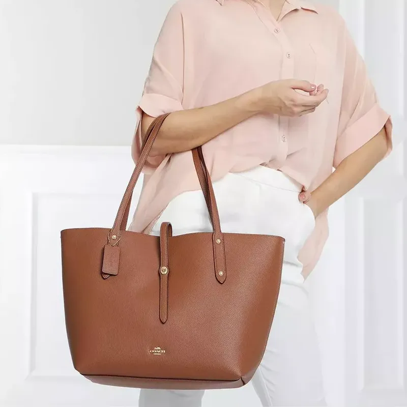 COACH Market Tote Polished Grain Leather Tote Bag, Handbag, Shoulder Bag Tubas Women's Saddle & Saffron & Brown-4