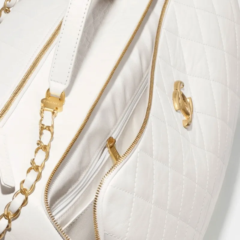 CHANEL Vintage Calfskin Bowling Bag, Shoulder Bag, Crossbody Bag, Handbag Extra Large Women's White-3