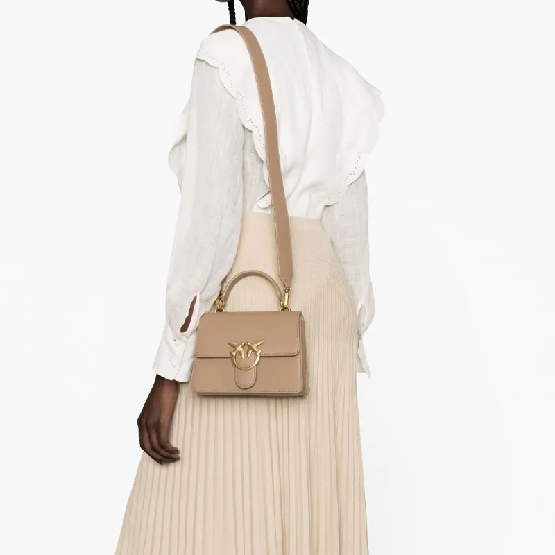 PINKO Calfskin Swift Bag Handbag Shoulder Bag Crossbody Bag Small Size Women's Light Brown-4