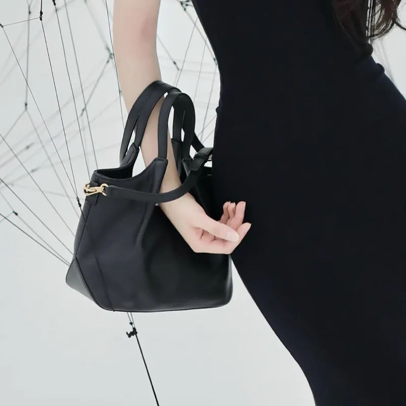 ROSA HERMOSO Grained Cow Leather Basket Bag Tote Bucket Bag One Shoulder Handbag Regular Women's Black-3