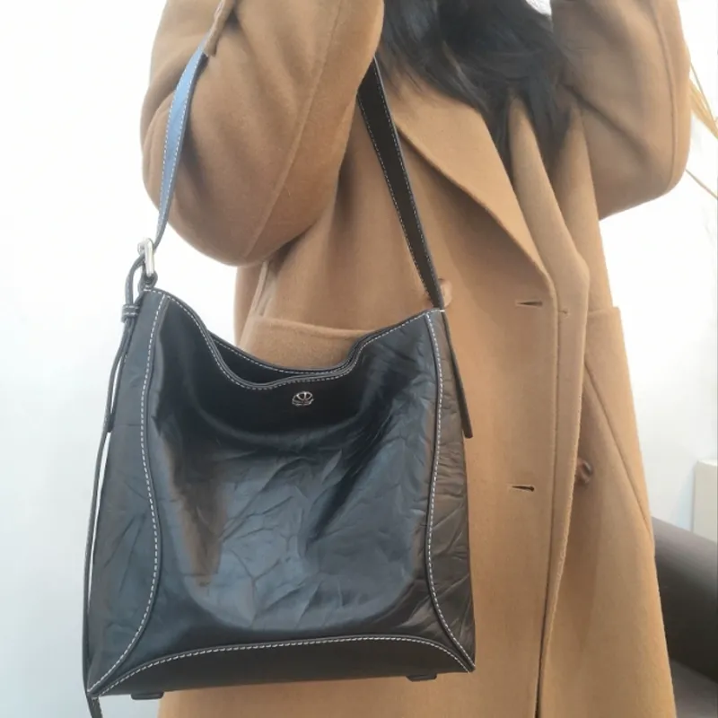 BAMPO Cow Leather Tote Bag Shopping Bag Shoulder Bags Large Size Women's Black-5