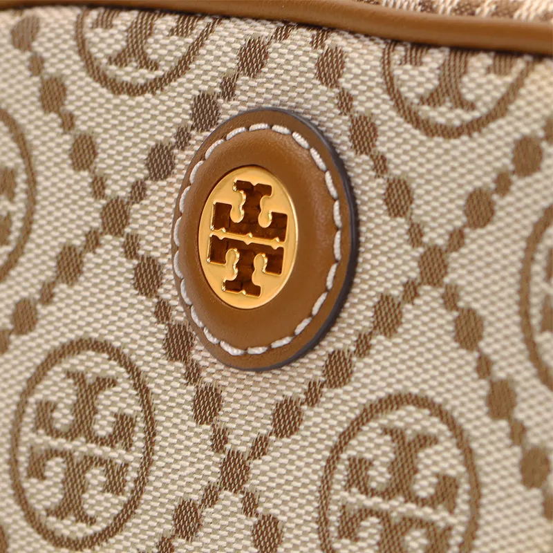 TORY BURCH T Monogram Jacquard Leather Toiletry Bag, Makeup Bag Mini Women's Hazelnuts Brown-4