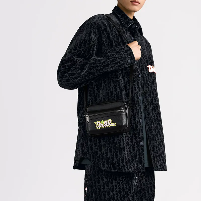 DIOR KAWS Collaboration Cow Leather Crossbody Bag Shoulder Bag Mini Unisex Black-6