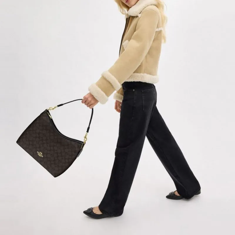 COACH Coated Canvas Shoulder Bag, Crossbody Bag, Handbag Large Size Women's Gold & Walnut Wood & Black-3