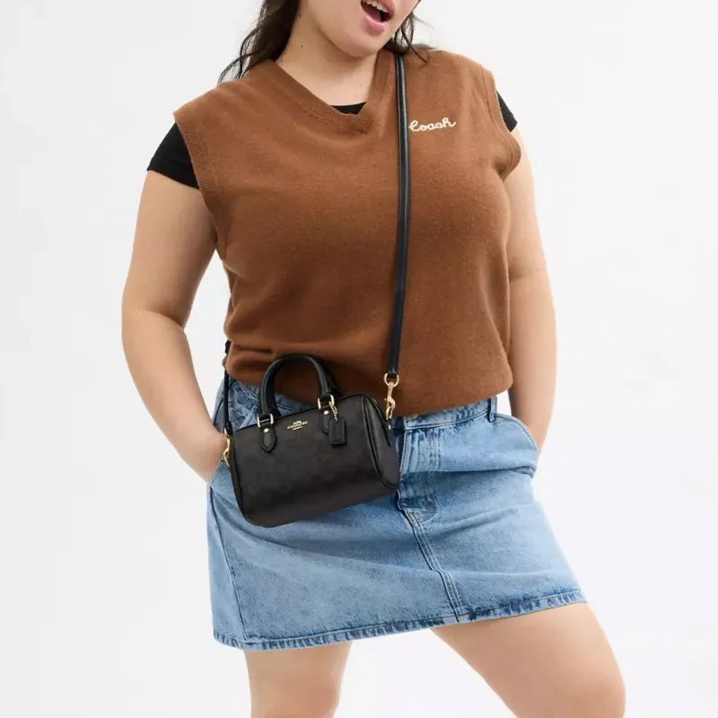 COACH Rowan PVC Bonded Leather Shoulder Bag Crossbody Bag Handbag Small Size Women's Brown-4
