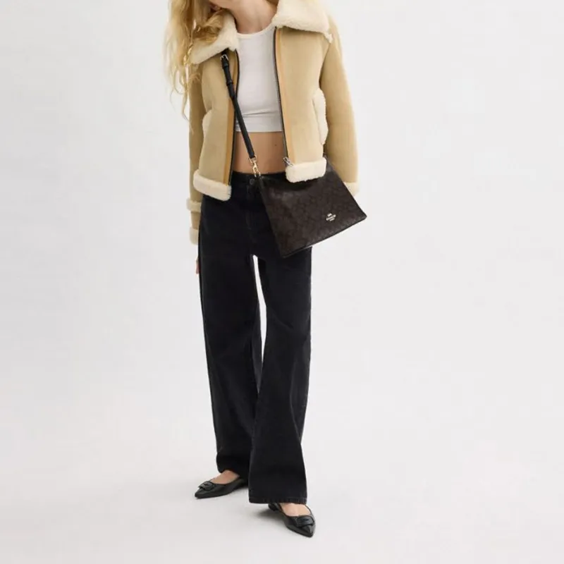 COACH Coated Canvas Shoulder Bag, Crossbody Bag, Handbag Large Size Women's Gold & Walnut Wood & Black-4