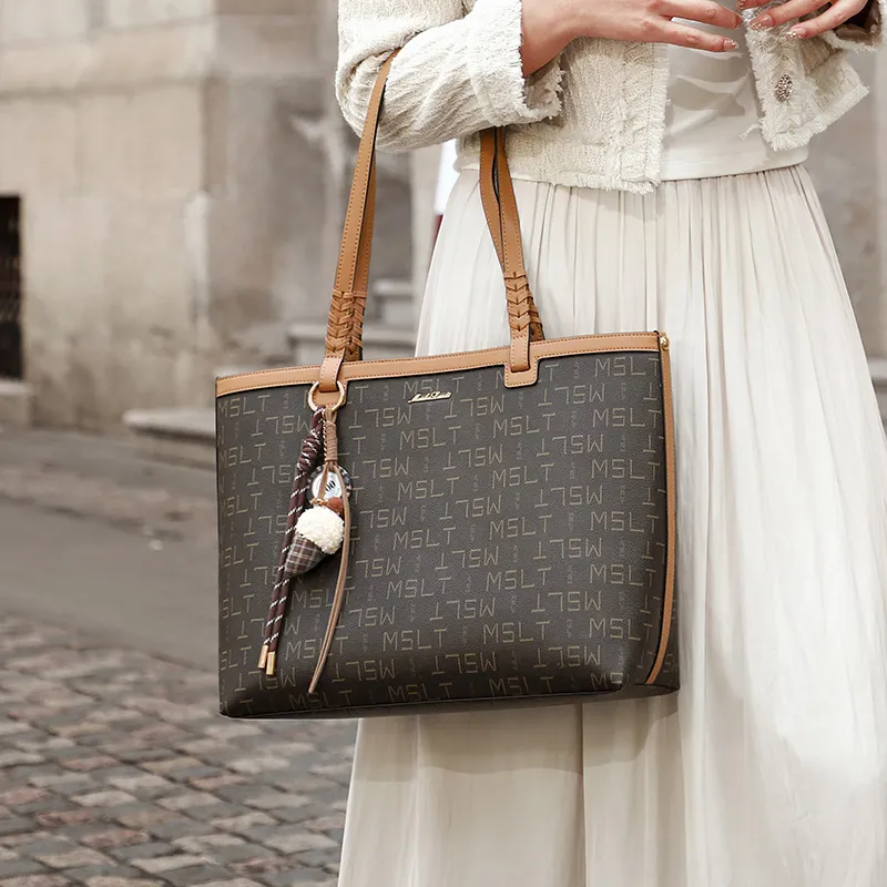 MashaLanti PVC With Synthetic Leather Shoulder Bag Tote Bag Regular Women's Coffee & Tea Brown-5