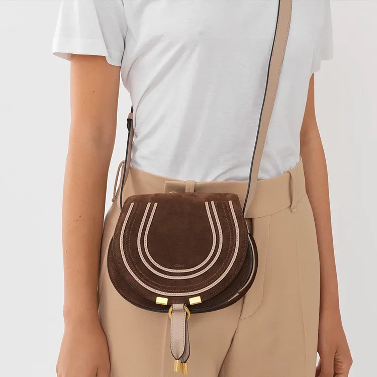 Chloe Marcie Suede Patchwork Calfskin Saddle Bag Shoulder Bag Crossbody Bag Small Size Women's Brown/Gray-5